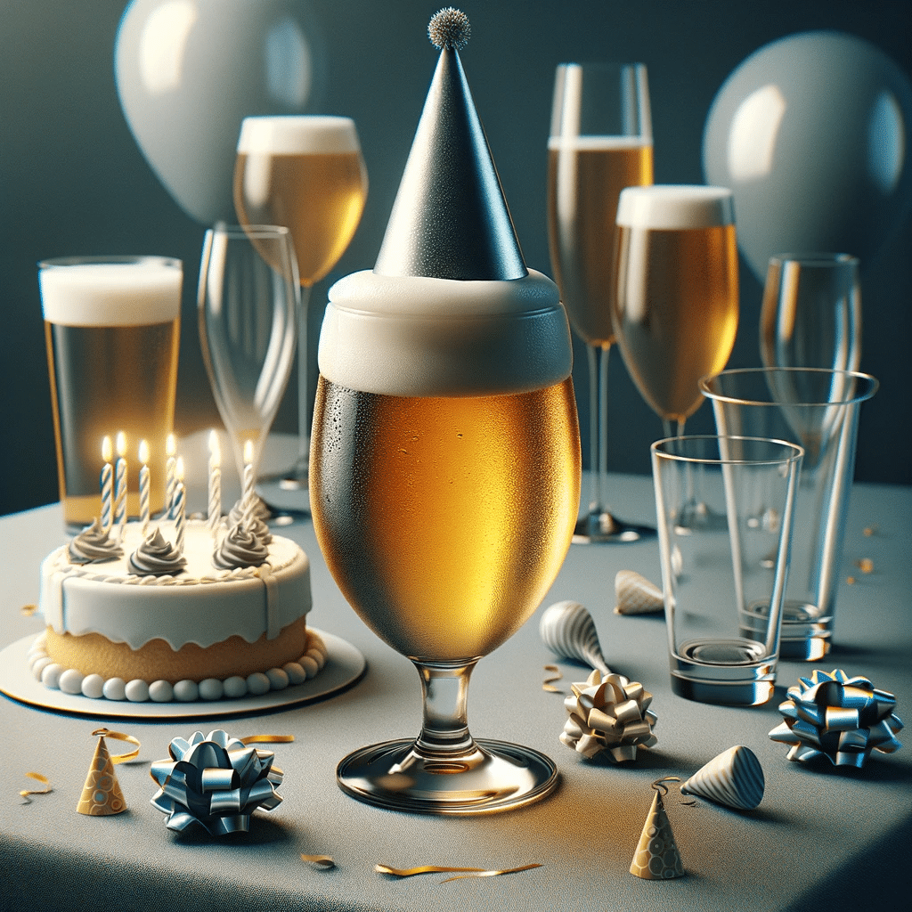 A-realistic-scene-of-a-beer-glass-having-a-birthday-party. -the-beer-glass-designed-with-lifelike-details-is-adorned-with-a-subtle-elegant-party-hat